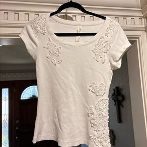 Anthropologie Cream Embroidered Short Sleeve Top